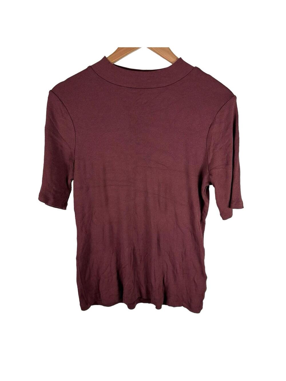 Madewell Women’s Burgundy Plum High Neck Ribbed Short Sleeve Knit Top Size Large